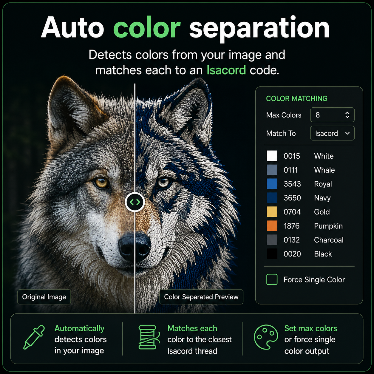 Auto color separation matched to Isacord codes
